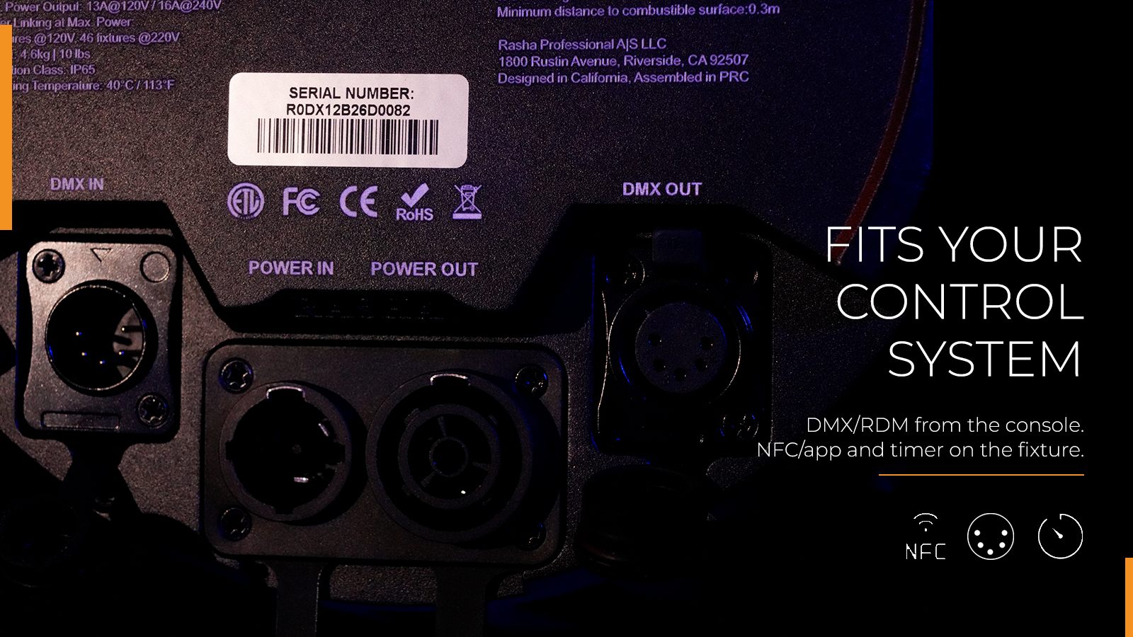 Rodie X12 DMX in and out, locking IP65 power in and out, NFC/app and timer controls