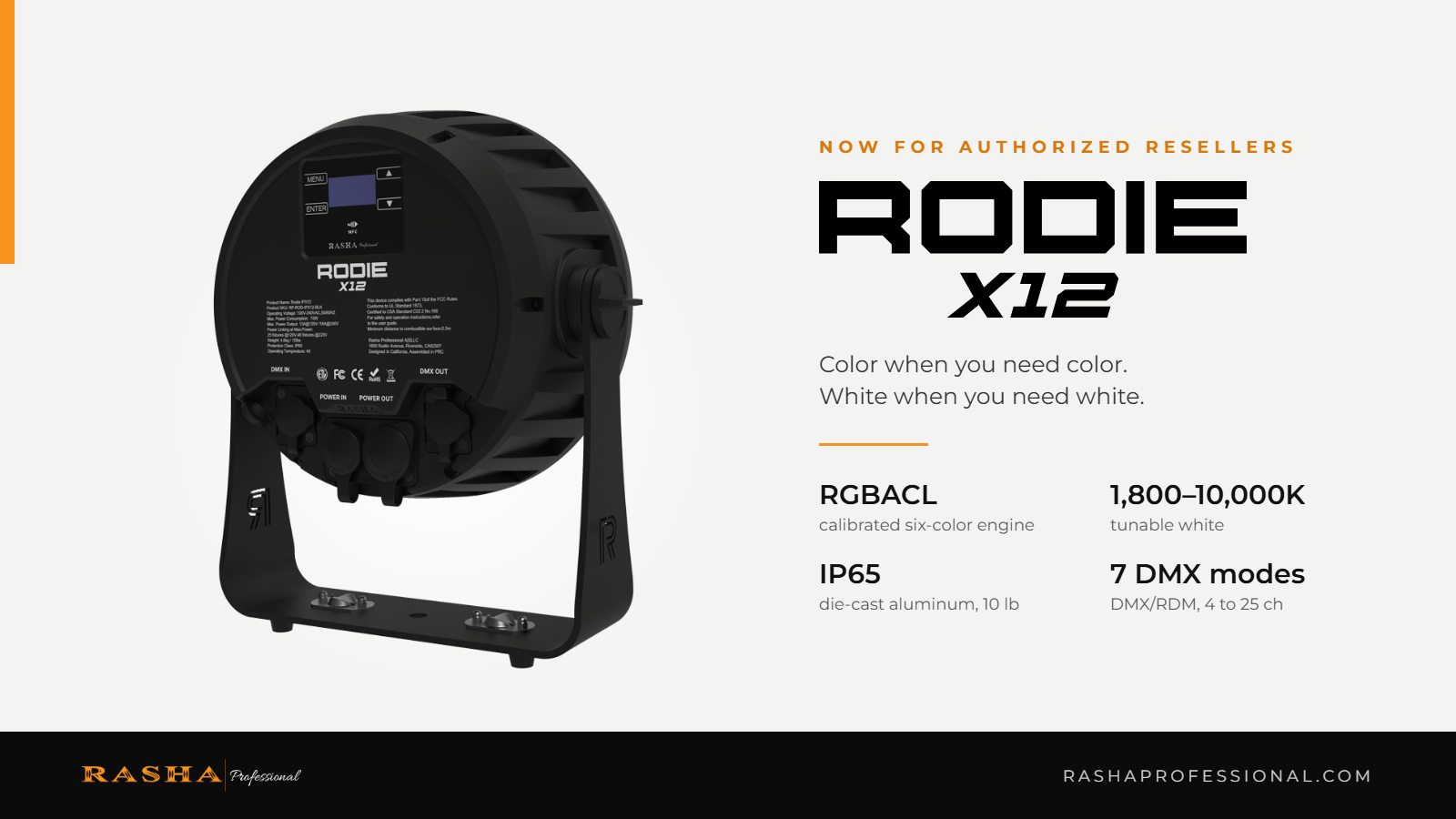 Rodie X12 RGBACL IP65 LED wash light by Rasha Professional with key specifications