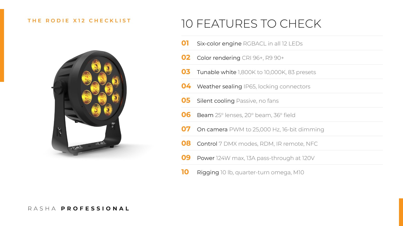 LED wash light buying checklist: 10 features to check, with Rodie X12 specs for color, CRI, white, IP65, cooling, beam, camera, control, power and rigging